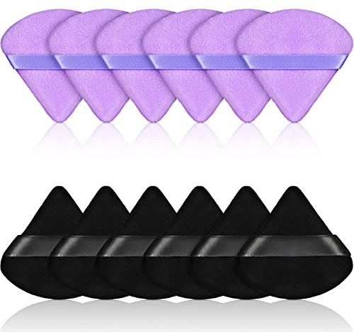 12 Houppette Bouffée de Maquillage de Visage Triangle pour Poudre Libre Éponge de Fond de Teint Cosmétique de Corps Doux Outil de Maquillage Poudre Minérale Sec Humide (Noir, Violet)