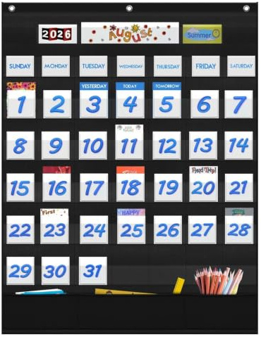 Eamay Monatskalender-Taschendiagramm für Klassenzimmer, mit 45 Fächern, 3 Aufbewahrungstaschen für einfache Wand- oder Standkarte (schwarz)