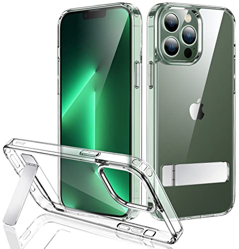 JETech Hülle mit Ständer für iPhone 13 Pro Max, Durchsichtig | 3-Wege Metallständer, Kabelloses Laden Unterstützt, Dünn Stoßschutzrahmen, Transparente Rückseite