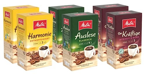 Melitta Probierpaket Filter-Kaffee 6 x 500g, gemahlen, Pulver für Filterkaffeemaschinen, sanfte und starke Röstung, geröstet in Deutschland