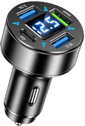 USB C Car Charger Adapter, 4 Ports Car Charger with Voltage Display Type C Car Phone Charger Cigarette Lighter USB Charger Fast Charging for iPhone 14/13/12/Mini/Pro/Pro Max, Samsung Galaxy & More