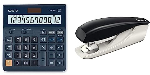 CASIO Tischrechner DH-12ET, 12-stellig, Steuerberechnung & Leitz NeXXt Bürotacker aus Metall, Für 30 Blatt, Ergonomisches Design mit Nachfüllanzeige, Inkl. Heftklammern, Schwarz, 55000095