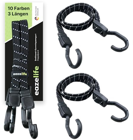 2er Set Gummispanngurt, verstellbar, Breitband Expander mit Metallhaken, stark belastbar, für Auto, Fahrrad und Outdoor-Aktivitäten (10 Farben 4 Längen) (Obsidian, 80 cm)