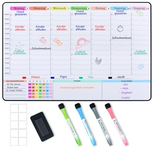 POPRUN Magnetisch Whiteboard Wochenplaner abwischbar Familienplaner Planungstafel Haushaltsplan Menüplaner Magnettafel für Kühlschrank Putzplan Stundenplan für Büro und Schule 42 x 28 cm auf Deutsch