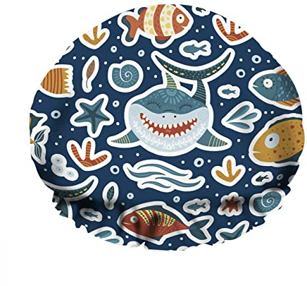 Doppelte wasserdichte Bade-Duschhaube, verschiedene Meeresfische, Marlin, Hai, Tier, niedlicher Cartoon, wiederverwendbar, modische Duschmütze für Damen, Schönheit, Bad, Haar, Spa, Zuhause, Hotel, Rei