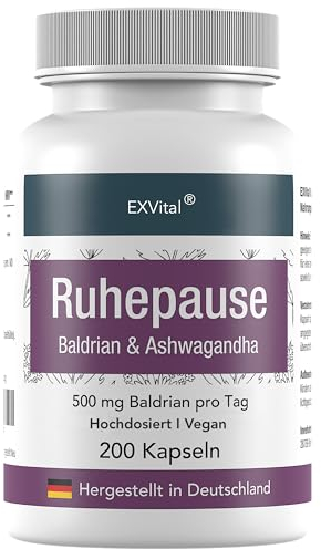 EXVital Ruhepause, mit Baldrian & Ashwagandha, Hochdosiert mit 500 mg Baldrian pro Tagesdosis, 200 vegane Kapseln reichen für 100 Tage! Frei von Zusätzen & in Deutschland hergestellt