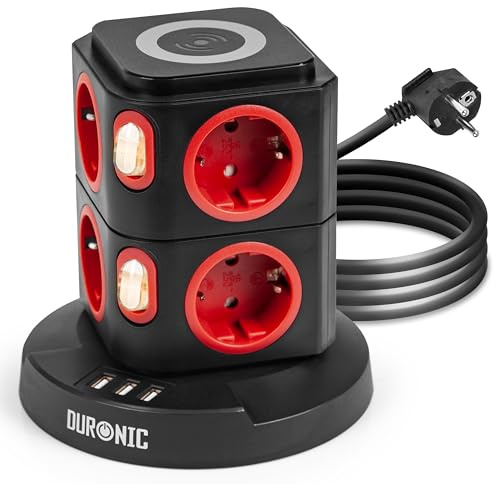 Duronic ET8W Steckdosenleiste 8-Fach, Mehrfachsteckdose USB | Mit Wireless Charging, Steckdosenverteiler 3680W 16A Überspannungsschutz, Steckdosenwürfel mit Schalter 1,8 m Kabel