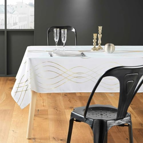 Promo Linge Nappe Rectangle 100% Polyester – Antitaches/Infroissable – Idéal pour Les fêtes de Fin d’année, Noël, Anniversaire – Elona Blanc/Or – 150x240cm
