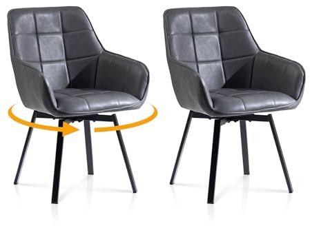 TUKAILAI 2er Set Esszimmerstühle Drehbar Kunstleder mit Armlehnen, Grau | Drehstuhl esszimmer,Rückenlehne,Armlehnstuhl,Gepolsterter Sitz, Metallbeine, Für Küche