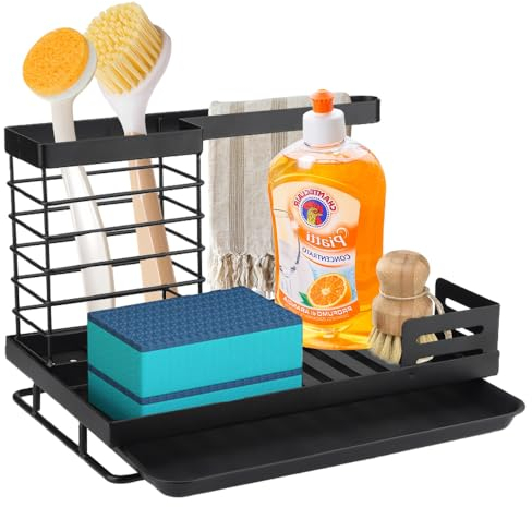 Salubohum Porta spugne lavello cucina, organizer lavello cucina, portaposate per lavello, portaspazzole e spugna con vaschetta di drenaggio, scaffale per lavello da banco(nero)