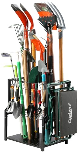 YueTong Garden Tool Organizer Heavy Duty,Yard Tool Tower Rack,Garage Storage Organization for Long Handle Tools,Rake,Brooms,Extra Hooks for Small Shovel,Shear.All Metal,Free Standing.