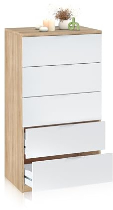 duehome | Comoda de 5 Cajones para Dormitorio, Modelo Akari, Acabado en Blanco Artik y Roble Canadian, Medidas: 60 cm (Largo) x 110 cm (Alto) x 40 cm (Fondo)