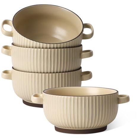 Azureger Set mit 4 Keramik-Suppenschalen mit Griffen, 680 ml, gelbes Streifen-Design, spülmaschinen- und mikrowellengeeignet, für Suppe, Müsli, Chili, Rindfleisch, Eintopf, stapelbare