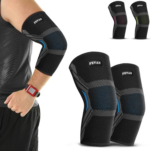 FEVAN Ellenbogenbandage für Epicondylitis und Sehnenentzündung, für Damen und Herren, 2 Stück, für Tennisarm, Crossfit, Golferellenbogen (Blau, S)