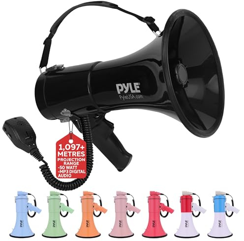 Pyle Megaphone Speaker with Siren, Bullhorn 50W w/Loud Speaker, For Music, Whistle and Record Cheer Megaphones, For Soccer Coach and Football Game Day Essentials