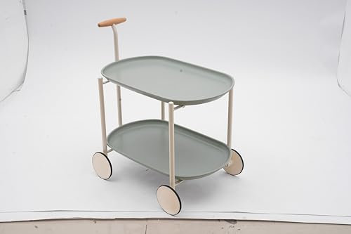 WooDerson Serveringsvagn med hjul 2 våningar, 63 x 42 x 64,5 cm rullvagn med handtag, lastkapacitet 50 kg, tillverkad av kolstål och trä, för kök sovrum kontor osv (grön)