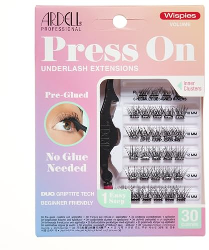 Ardell Press On Pre-Glued Underlash Eyelash Extensions, Wispies Volume Cluster Lashes Kit, Beginner-Friendly DIY Lash Extension Kit with Applicator, Assorted Lengths, 30 Lash Clusters