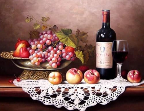 Malen nach Zahlen für Erwachsene, Rotwein, Trauben, Obst, Stillleben, Malen-nach-Zahlen-Set für Erwachsene, Kinder, Anfänger, auf Leinwand, Acryl-Ölgemälde, Kunst, Handwerk, Malerei, Dekoration, 40 x