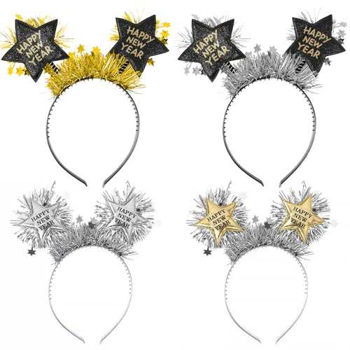DIELOVEHUA 2 Stück Happy New Year Haarreif, Silvester Haarreif, Glitzer Stern Silber Gold Silvester Haarreif, 2025 Silvester Foto Requisiten, Silvester Party Haarschmuck für Kinder Erwachsene