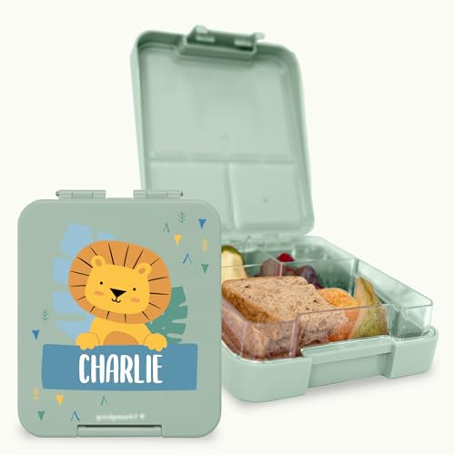 bienpegado – Fiambrera infantil personalizada – Lonchera bento con nombre para niños temática: más de 20 divertidos iconos. Color: (Verde salvia)