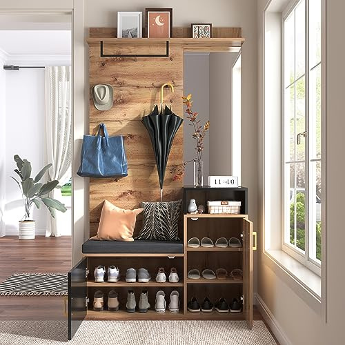Merax Garderobenset Wandgarderobe, Garderoben-Set mit 4 Kleiderhaken, Spiegel, Schuhschrank, für Eingangsbereich, Waschküche, Weiß, H190/B105/T40 cm