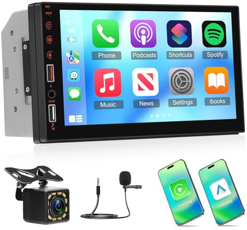 NHOPEEW Doppel Din autoradio Unterstützung Wireless Carplay und Android Auto - 7 Zoll Touchscreen Radio Unterstützung Mirror Link Lenkradsteuerung FM EQ USB-Anschlüsse + Rückfahrkamera