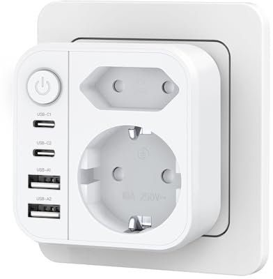 OUFUYU Presa multipla 6-in-1, Doppia Presa con 2 USBA e 2 USBC, Prese Elettriche da Muro con Interruttore (4000W/16A), Multipresa Salvaspazio per Casa/Ufficio/Viaggio, Tipo C/E/F