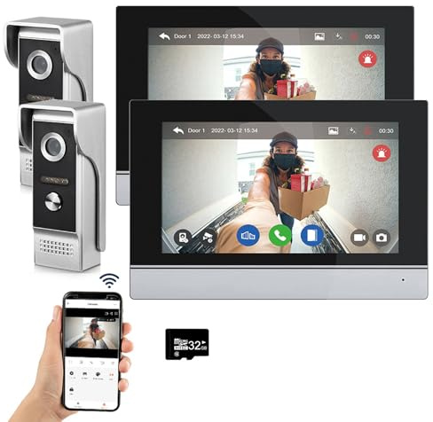 Sistema de intercomunicación de vídeo por cable Tuya WiFi 7 pulgadas de pantalla táctil 1080P timbre de la puerta inteligente Tuya APP Intercom Kit 2 desbloqueo de la puerta (2 Timbre+2 Monitor)
