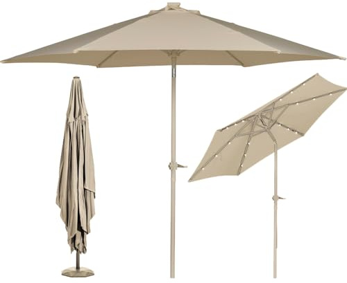 BAKAJI Ombrellone Rotondo 3 Metri da Giardino con Palo Centrale in Metallo e 18 Led Luminosi, Sistema Air Vent Anti Ribaltamento, Arredamento Esterno, Gazebo, Piscina, Terrazzo (Beige)