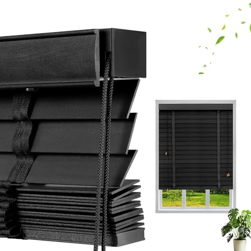 Store Occultant Fenetre Bois Exterieur, Stores Venitien Interieur Lamelle 50 mm, Store Thermique Isolant Brise Vue Impermeable avec Rail de Guidage pour Cuisine Chambre Salle de Bain(Black)