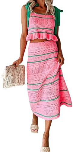 Dubute Conjunto de 2 piezas de mujer con punto de ganchillo y tejido de verano a rayas con hombros atados, top corto ajustado y falda larga de verano, rosa, S