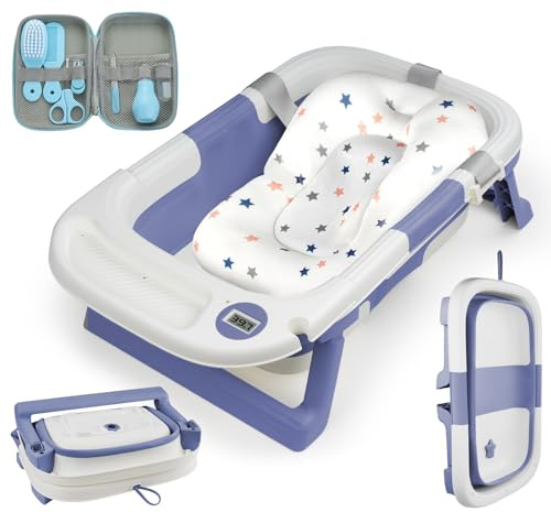 Baby Badewanne Faltbar mit Baby Pflege Set (7 Zubehör) Faltbar Babywanne mit Badematte, Babybadewanne Platzsparend, Baby Thermometer Badewanne, Baby Bathtub für Neugeborene Babys (0-24 Monate), Blau