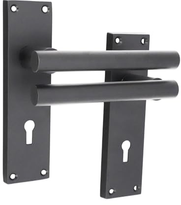 Infinity Decor Pair of Matt Black Straight Lever on Rectangular Keyhole Backplate Lock Door Handles Set - Ideal for Interior & Exterior Doors