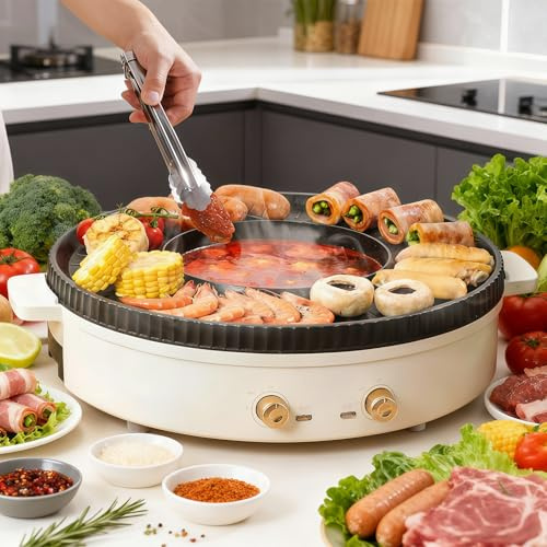 Hot Pot Elettrico con Grill, 2 in 1 Hotpot e Piastra Grill con 2 Regolazione Indipendente Della Temperatura, Barbecue Coreano con Fori per Perdite di Olio per Campeggio, Famiglie E