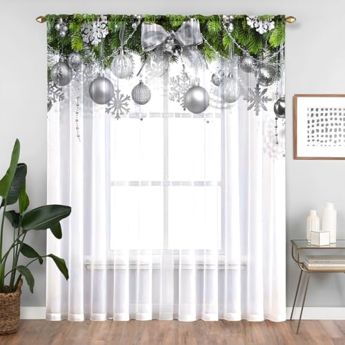 Lukery Vorhänge Wohnzimmer 2er Set 3D Weihnachten Scheibengardinen Lang Halbtransparent Gardinen Vorhänge Durchsichtig für Küche Fenster Wohnzimmer Landhaus (Silber,132x45cm)