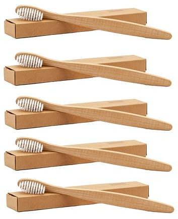 Cepillos de Dientes de Bambú | Pack 5 Cepillos de Dientes de Madera – Cepillo de Dientes Medio – Ecológicos, Biodegradables y Sostenibles – Cerdas Suaves – Alternativa Natural al Plástico