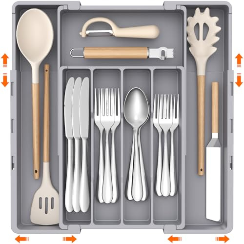 Lifewit bestickbricka för lådor, 4–7 fack tvåvägs justerbar plastorganizer kök, bestickorganizer, bredd från 22,6 till 36,2 cm, bestickinsats för skedar och gafflar, grå