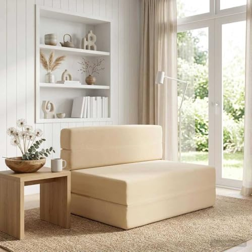 LoogCape Fällbar soffa, säng, krämfärgad, 70 x 80 x 60 cm, tyg med 2-i-1-funktion, bäddsoffa, klädsel, platsbesparande för vardagsrum, gästrum, ungdomsrum och kontor