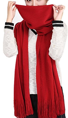 Wander Agio Women's Wraps Warm Long Scarves Winter Scarfs Pure Color Scarf Tassel Wine Red