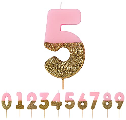 Talking Tables Bday Pink Number 5 Five Candle with Gold Glitter | Premium Quality Cake Topper Decoration | Pretty, Sparkly for Kids, Adults, 50th Birthday Party, Anniversary, Milestone Age, Wax