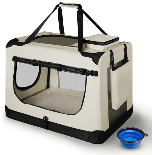 Juskys Caisse de Transport Pliable pour Chiens Lassie M (Beige) - 42 x 60 x 44 cm avec Couverture, Poche & poignées - Sac de Transport en Tissu pour Chiens et Petits Animaux