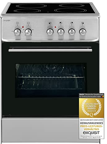 Exquisit Elektro-Standherd ECM 6-4 Inox | Standherd 60cm mit Glaskeramik Kochfeld | Ober- & Unterhitze | Umluft | Elektroherd freistehend 60 cm