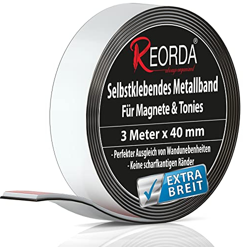 REORDA Metallband selbstklebend Weiß - (EXTRA STARK) Ideal für Tonies®-Figuren & -Regale - Magnetband für Magnete I Ferroband I Magnetband selbstklebend I Eisenband (3m)