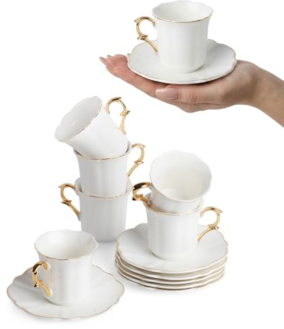 BTaT- Turkish Coffee Cup Set, 3 oz, 6 Set (12 pcs), Elegant White Cups & Saucers with Gold Trim, Small Porcelain Espresso Set for Serving Greek, Arabic & Turkish Coffee, Gift Giving