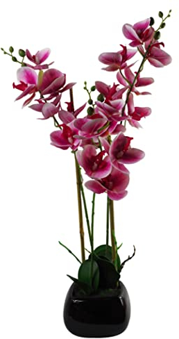Leaf Künstliche Orchidee mit Blättern, 70 cm, Dunkelrosa mit schwarzem Keramik-Pflanzgefäß, gemischte Materialien