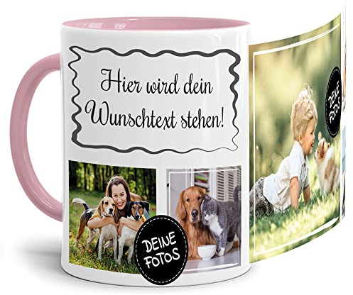 Foto-Tasse selbst gestalten mit Text & Collage für 5 Fotos - Geschenk für Familie, Freunde, Geburtstag, Weihnachten - Keramik Innen & Henkel Rosa, 300 ml I Personalisiert