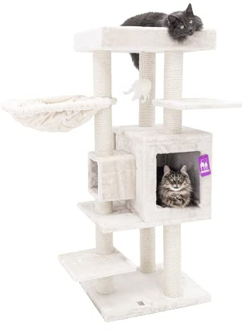 Petrebels Kratzbaum Stabil für mehrere Katzen, Cleopatra 134 cm, Creme | mit dicke Bodenplatte, Ø 9 cm Stämme, waschbaren Kissen, Hängematte, Höhle & Loungesofa, auch ideal für Senioren und Kätzchen