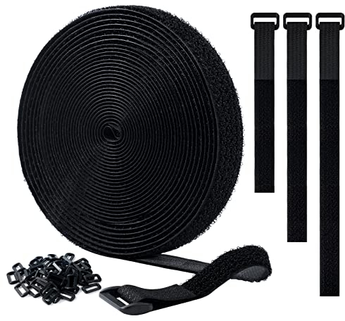 Ainiv Cable Straps, 10m(Width:20mm) Adjustable Free Cut Length, Reusable Self-Adhesive Tape Cable Ties with 50 Buckles, Multipurpose Wire and Cable Organizer for Office, Home (Black)