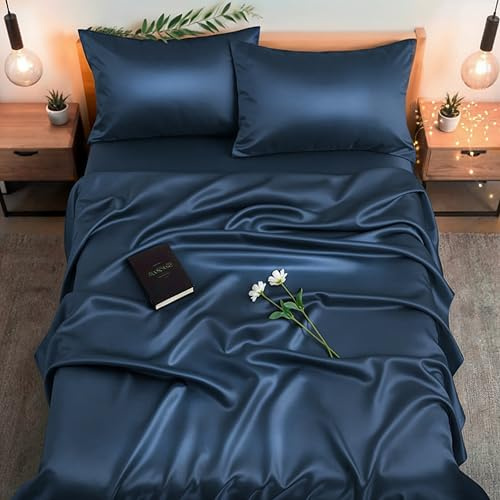 Colorado Home Co SUNDAYSILKS | Mulberry Silk Bed Sheets | 4PC Queen Set | Natural Bedding | Soft & Durable | Grade 6A Organic Real Silk [Midnight Blue]