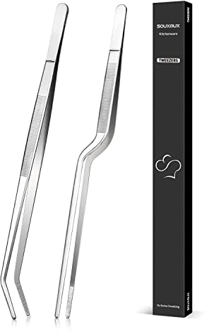 30.5cm Cooking Offset Tweezer and Curved Tong Set, Tongs Precision Serrated Tips, Stainless Steel Professional Chef Tweezer Kitchen Tools for BBQ, Plating and Serving